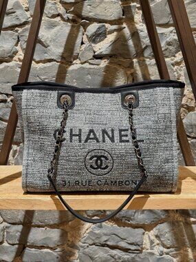 Chanel 2018 Black Grey Tweed Small Deauville Tote Bag